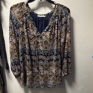 Daniel Rainn Blue and Tan Relaxed Pleated Blouse